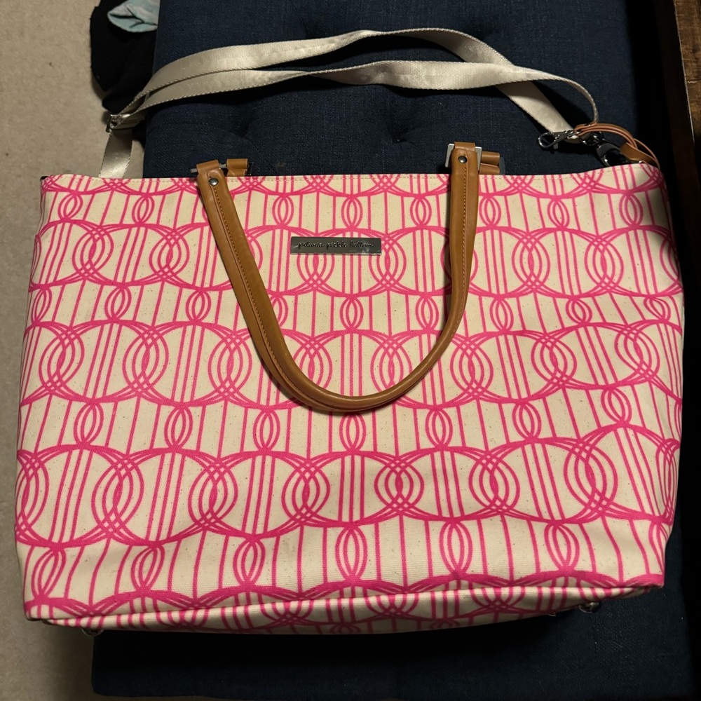 Petunia Pickle Bottom Tote bag. Pink and cream in color.